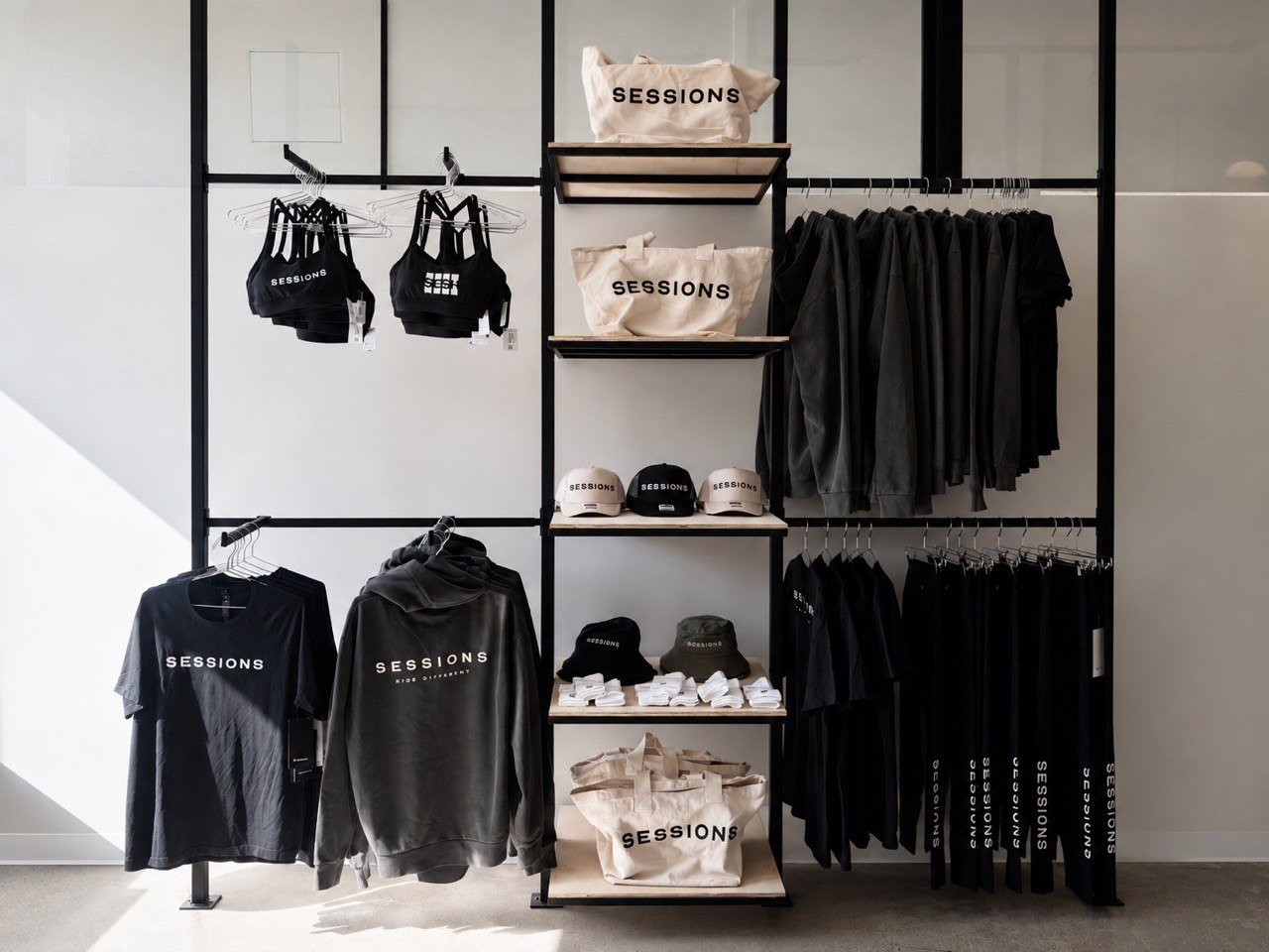 Sessions Cycle apparel and studio merchandise display
